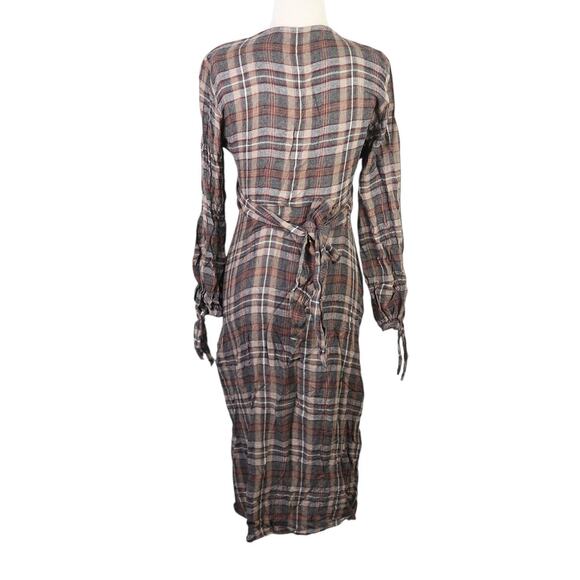Zara Grey and Brown Plaid Wool Blend Wrap Style Midi Dress M - Picture 4 of 7